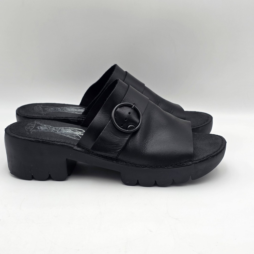 FLY LONDON Women's Size‎ 41 US 10-10.5 Black Leather Chunky Heel Platform Sandal - Picture 2 of 11